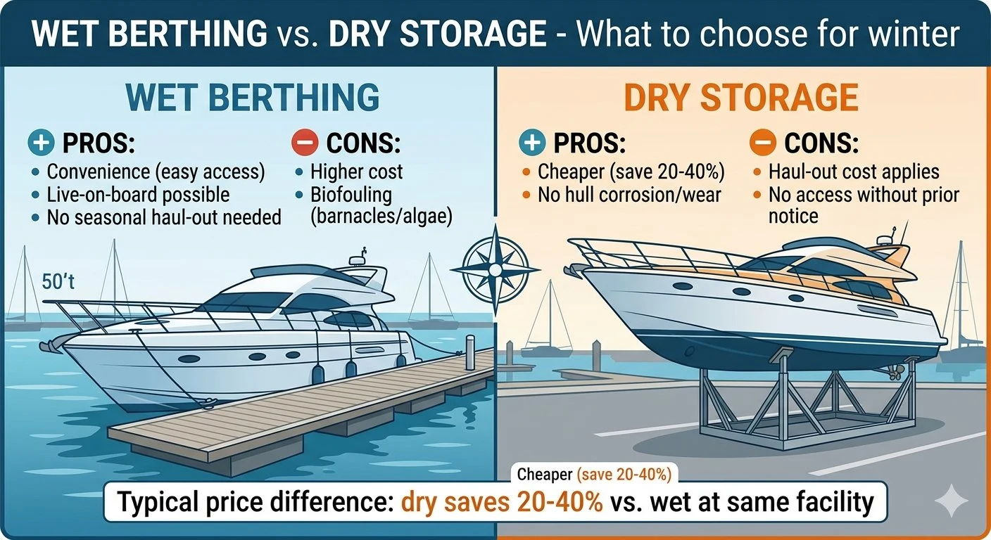 Infographic comparing wet berthing and dry storage for winter: wet berthing pros include easy access and live-aboard option, cons include higher cost and biofouling; dry storage pros include 20–40% savings and no hull wear, cons include haul-out cost and no access without notice