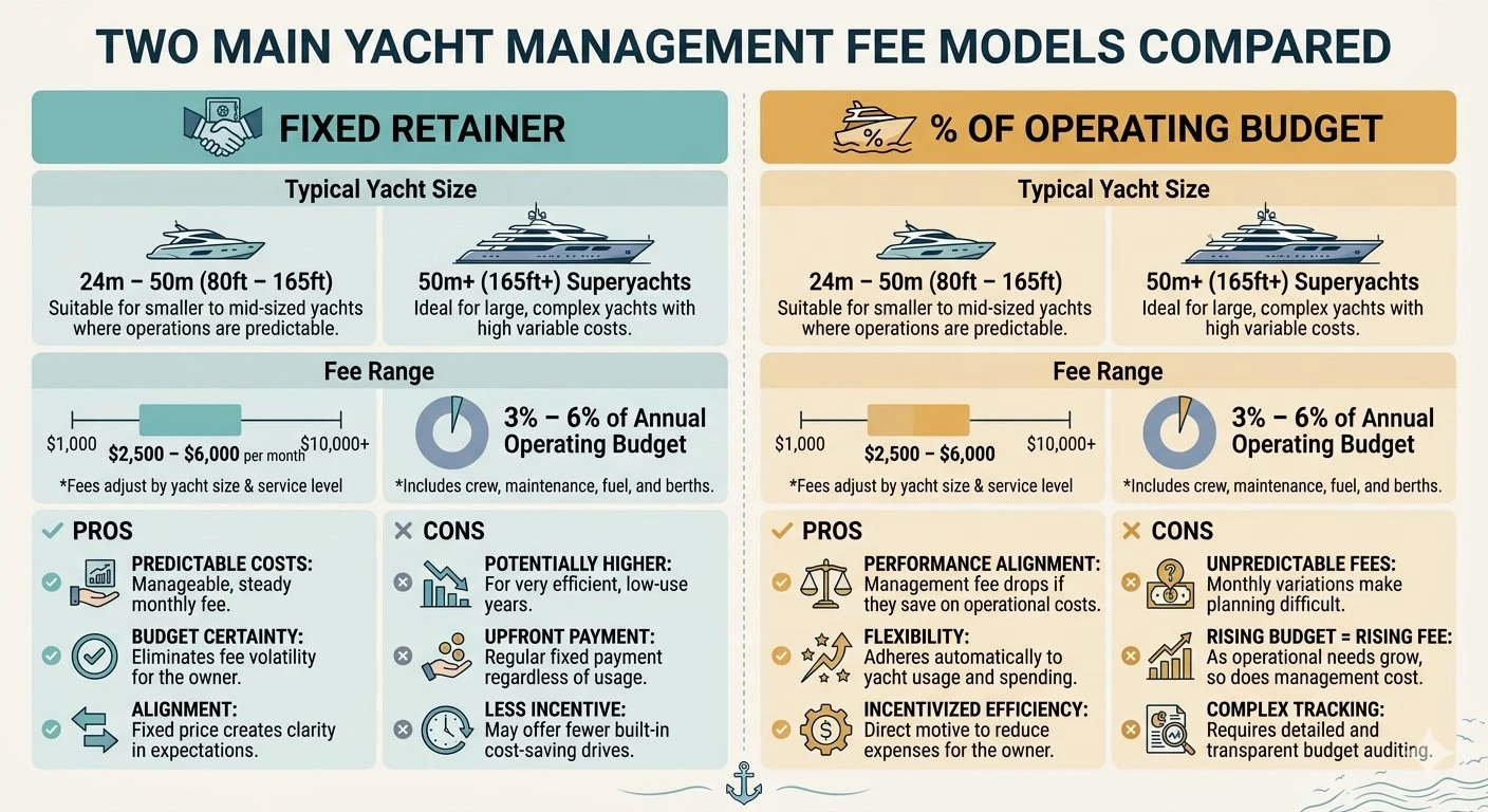 Infographic comparing two yacht management fee models: Fixed Retainer at $2,500–6,000 per month with predictable costs versus Percentage of Operating Budget at 3–6% annually with performance-aligned fees